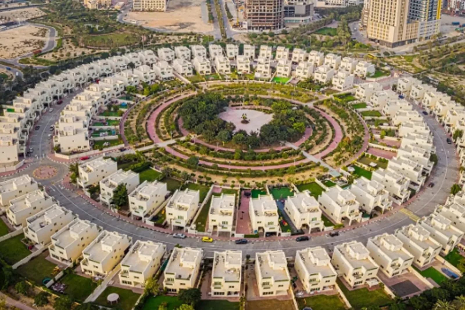 Aerial view of Jumeirah Village Circle's distinctive circular villa layout